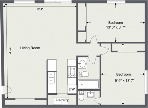 Floor plan for 2 beds, 1.5 baths, 932 sqft